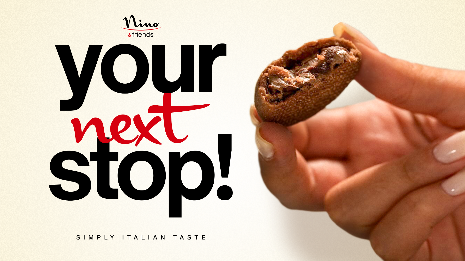 Campagna Nino & Friends: biscotto al cioccolato con claim "your next stop"